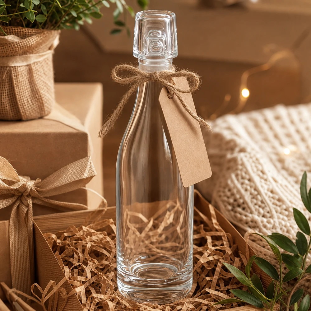 Bottiglia in vetro da 50 ml senza tappo UNiTWIST Bottiglia di vetro da 50 ml UNiTWIST in confezione regalo con cordino di iuta e cartellino in confezione regalo con cannuccia