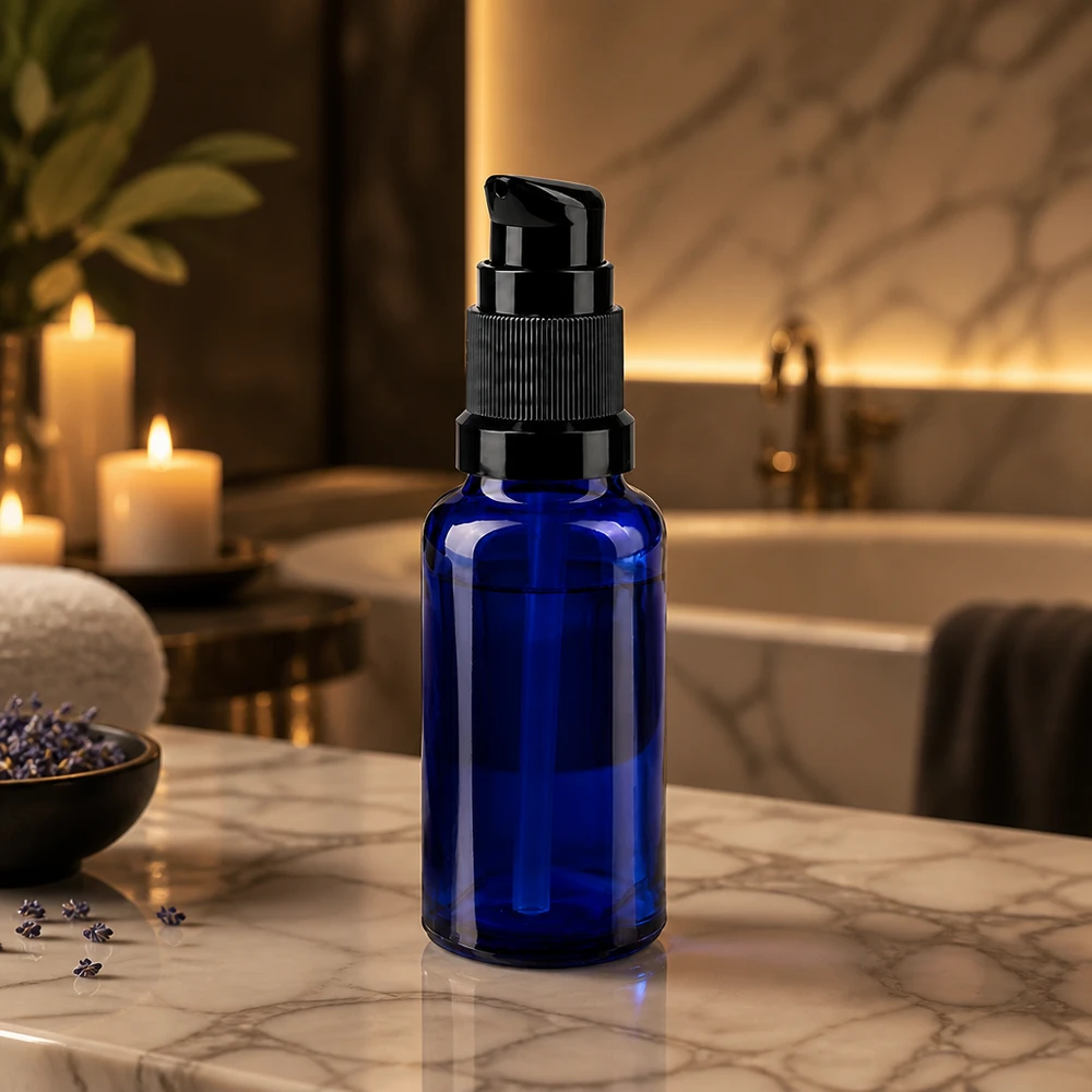 Bottiglia a pompa blu 20ml STD nero ApoGlas Flacone con dosatore da 20 ml in vetro da farmacia blu cobalto con dosatore nero su fondo marmorizzato