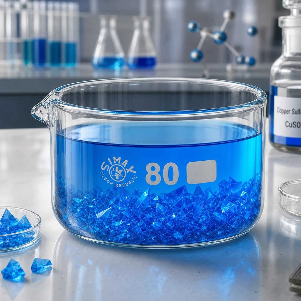Piatto per cristallizzazione da 150ml con beccuccio Bo.. ø80mm Vaschetta di cristallizzazione da 150 ml con cristalli blu di solfato di rame (CuSO₄) da laboratorio, ø 80 mm