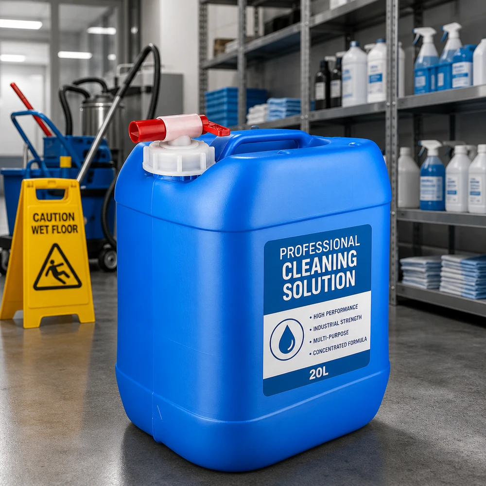 Soluzione detergente professionale in tanica blu da 20 litri con rubinetto di scarico nel magazzino dei detergenti