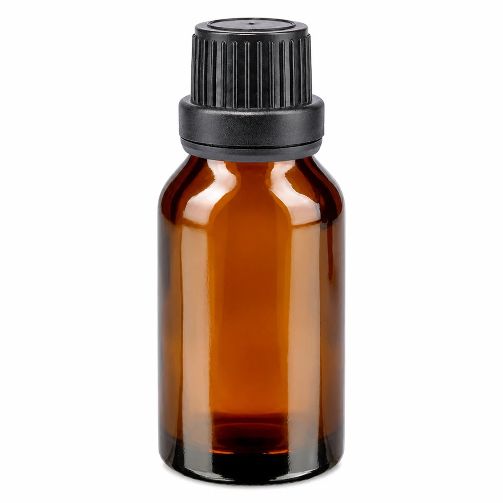 Bottiglia da farmacia marrone 15ml con tappo contagocce. Pr. 2mm nero OV Flacone da farmacia marrone da 15 ml con tappo contagocce nero, apertura da 2 mm, a prova di bambino