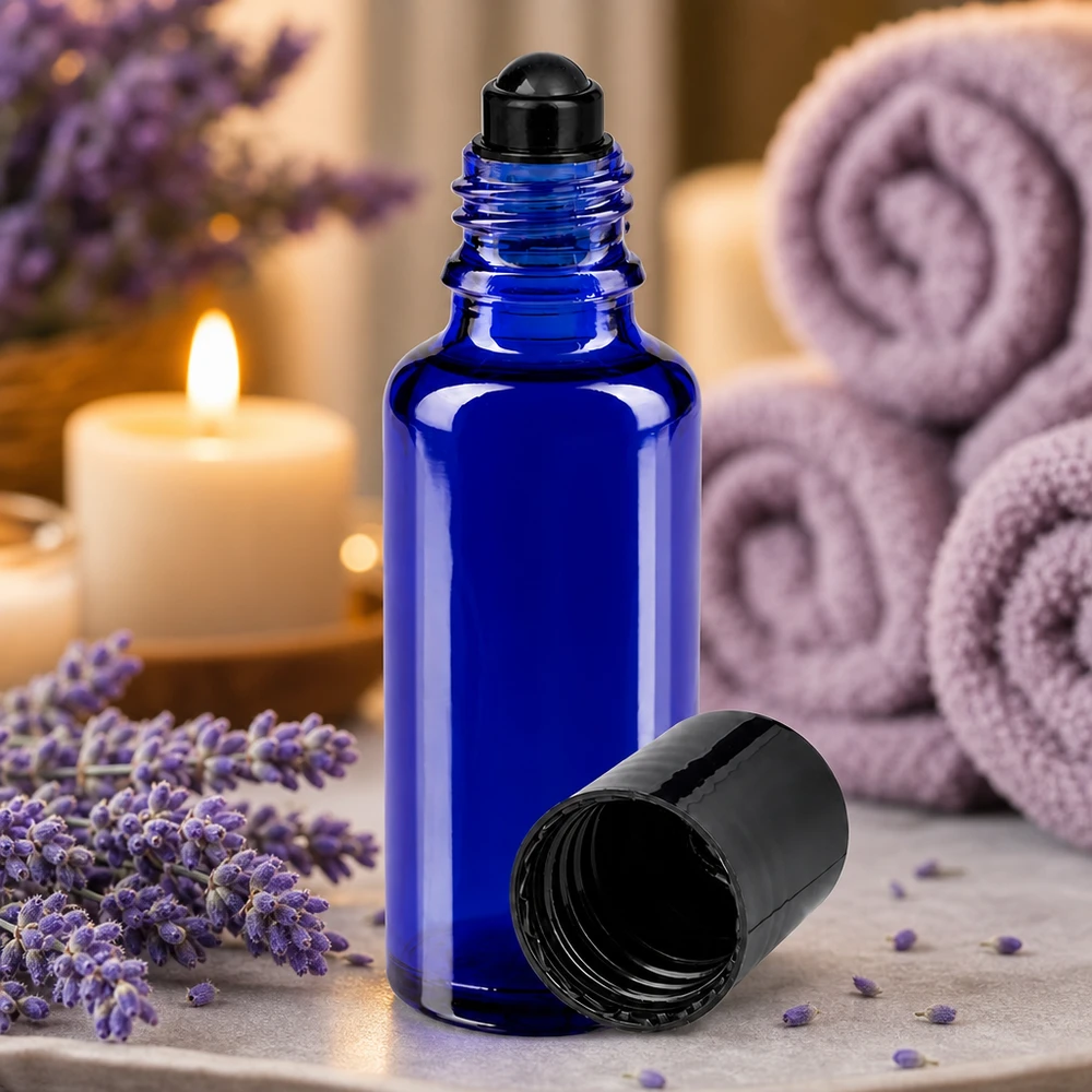 Flacone roll-on 30ml blu STD nero ApoGlas Flacone roll-on da 30 ml in vetro da farmacia di colore blu cobalto con tappo nero, accanto a fiori di lavanda e candele