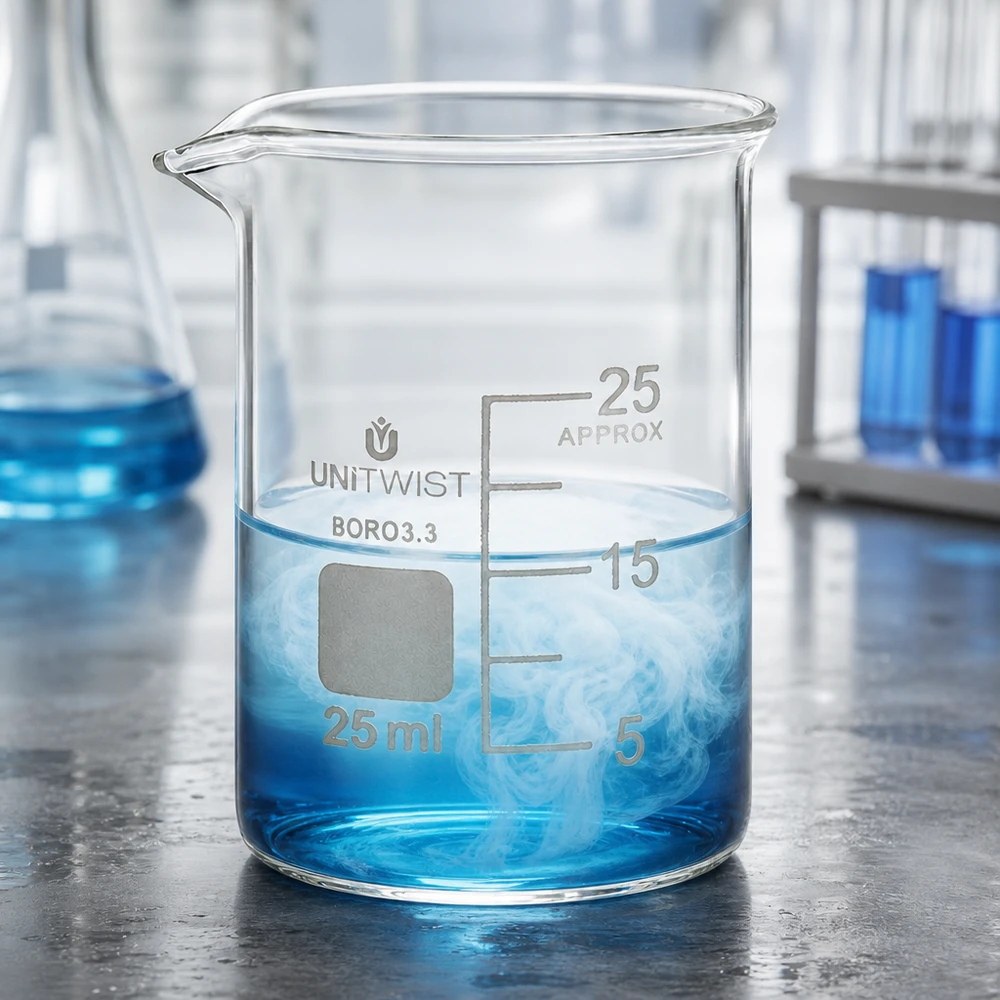 Bicchiere da laboratorio in borosilicato trasparente da 25 ml contenente un liquido blu e con formazione di vapore