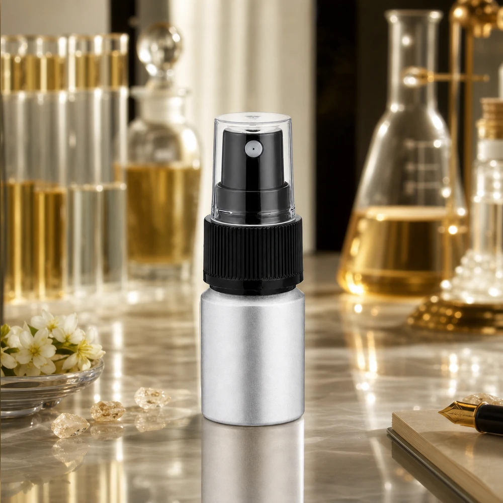 Flacone in alluminio decapato da 10ml con nebulizzatore Pratico flacone in alluminio da 10 ml con attacco spray nero per cosmetici e miscele fai da te