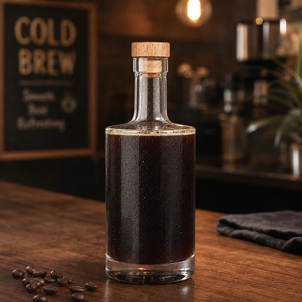 Bottiglia in vetro da 500 ml Nora con tappo in sughero con impugnatura in legno UNiTWIST® Bottiglia in vetro da 500 ml Nora riempita con caffè cold brew tappo in legno UNiTWIST caffè in grani barista ambiente rustico