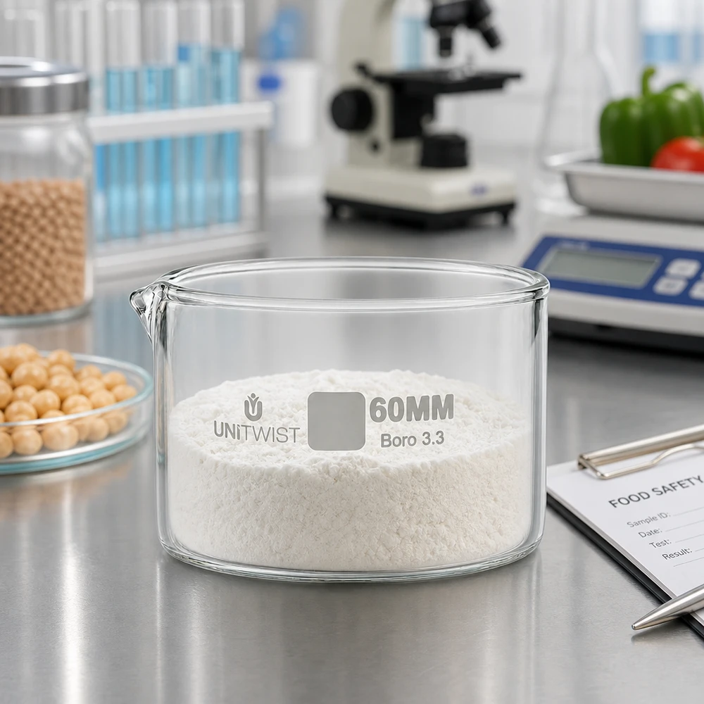 Piatto per cristallizzazione ø60mm in vetro borosilicato UNiTWIST Vaschetta di cristallizzazione da 60 mm con polvere bianca in un laboratorio alimentare, con microscopio e bilancia