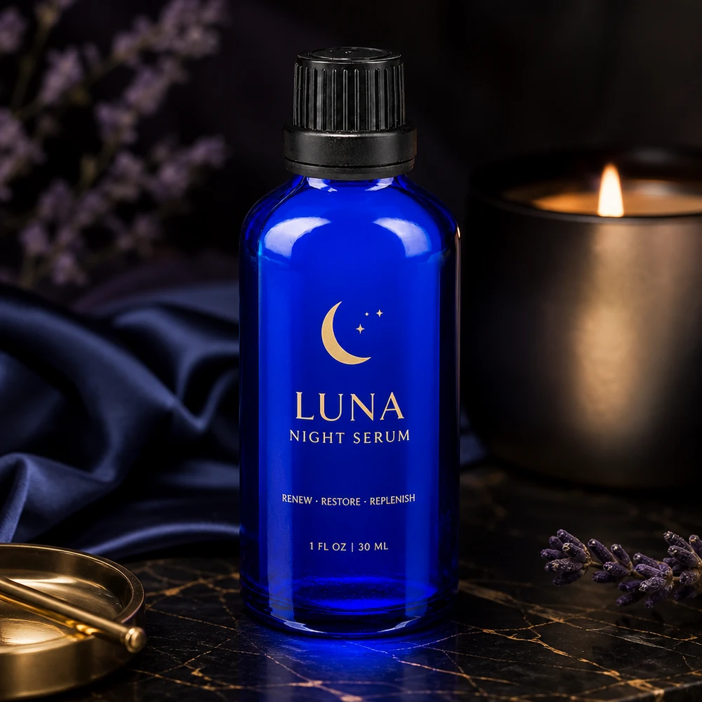 Flacone di vetro blu da 50 ml con tappo a vite nero su fondo di marmo scuro con lavanda