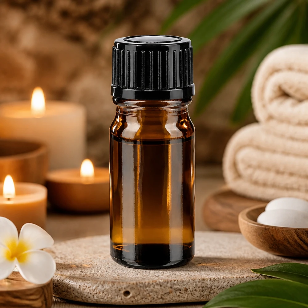 Fialetta di vetro marrone da 5 ml con tappo a vite nero, appoggiata su una pietra naturale con plumeria e candele