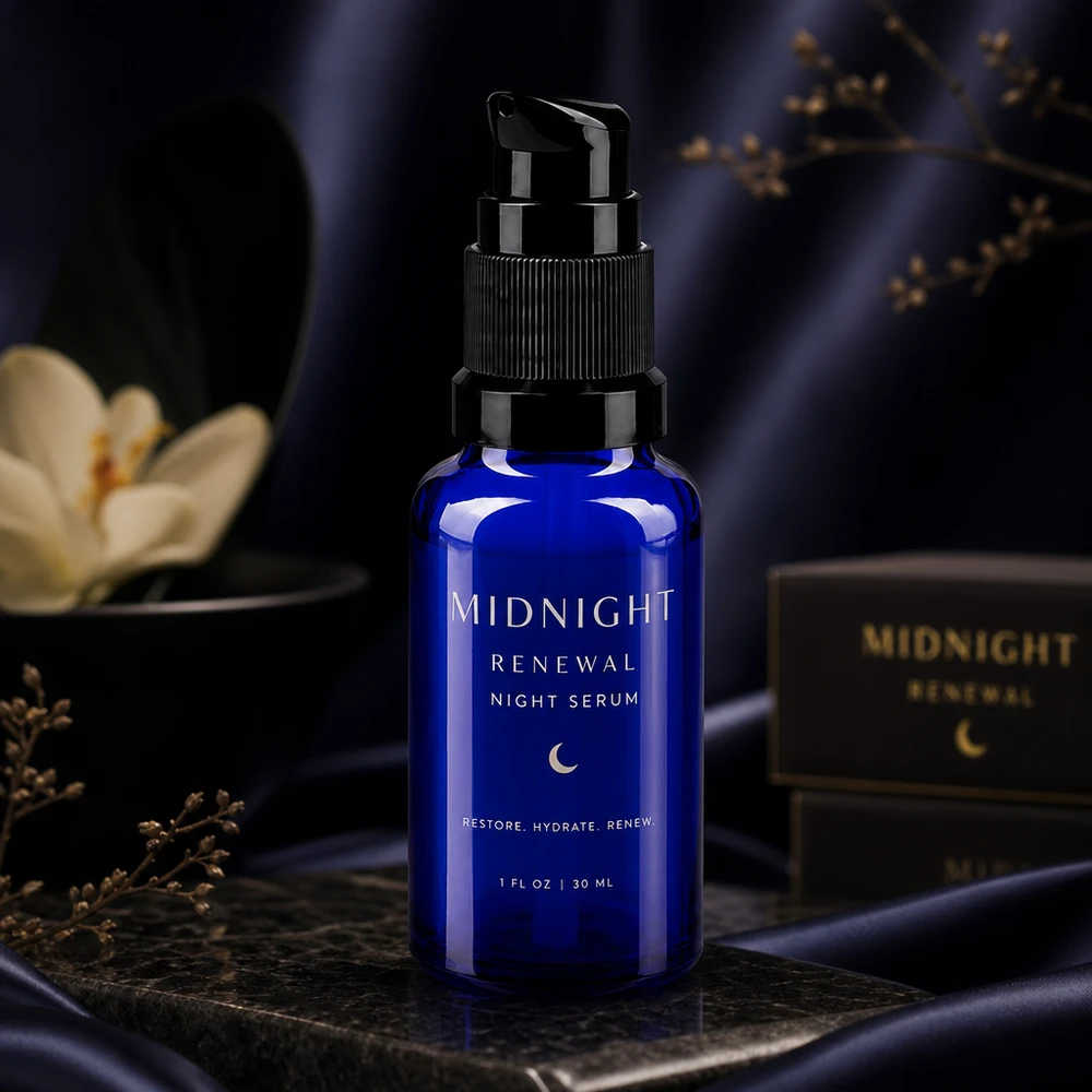 Flacone in vetro da 20 ml color blu reale con erogatore a pompa nero, su fondo di marmo scuro con tessuto di seta
