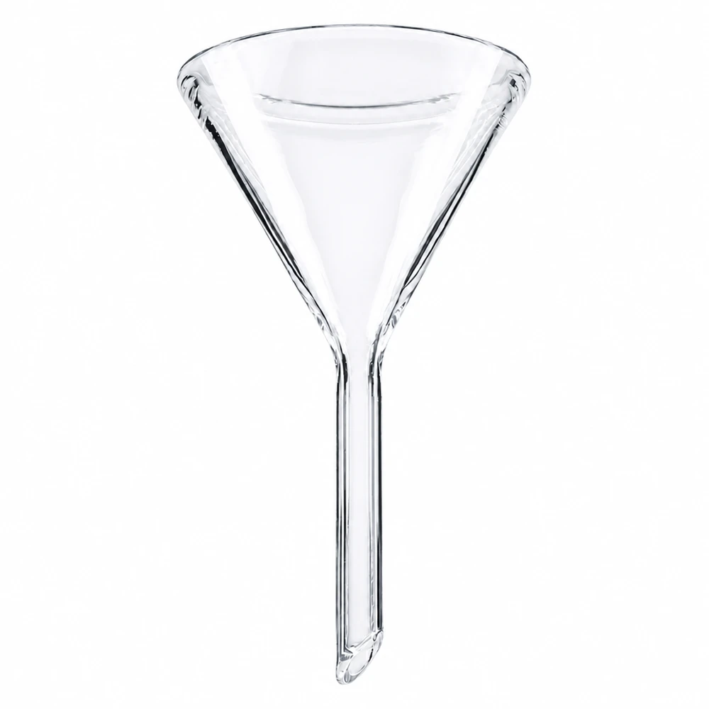 Imbuto Ø 45 mm in borosilicato angolo 60 stile corto Imbuto in borosilicato di 45 mm di diametro, trasparente e corto, per laboratorio