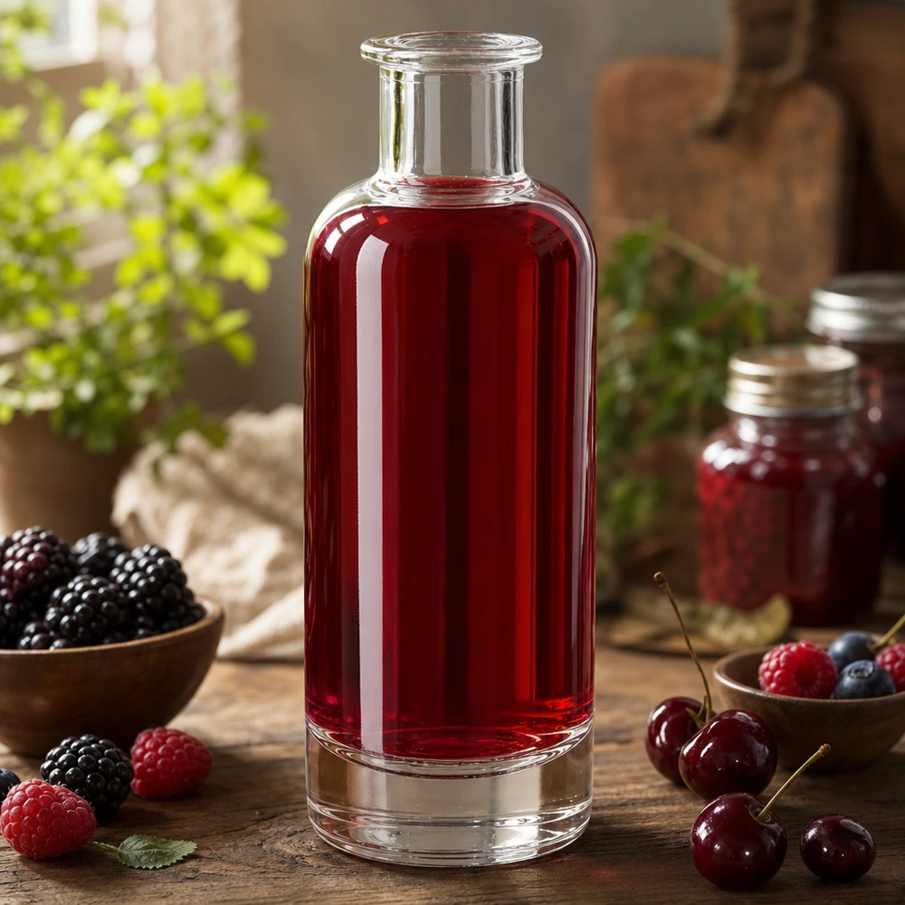 Bottiglia in vetro da 200 ml Ella senza tappo UNiTWIST® Bottiglia di vetro da 200 ml di Ella riempita di succo di bacche rosse circondata da bacche fresche mostra un'applicazione naturale
