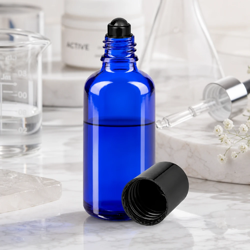Flacone roll-on 50ml blu STD nero ApoGlas Flacone roll-on da 50 ml blu cobalto con tappo a vite nero, accanto a un vasetto di vetro e una pipetta