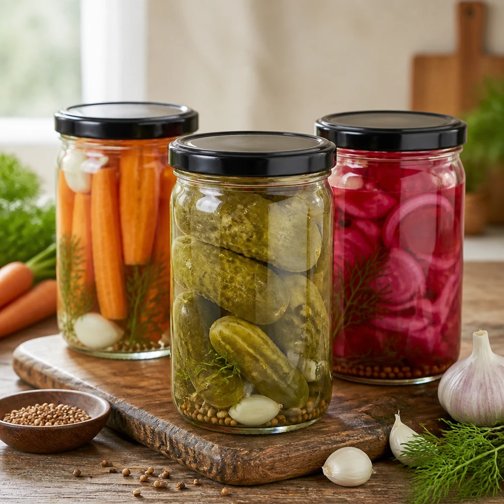 Vaso da 1053 ml con coperchio BasicSeal nero UN... Tre tumbler da 1053 ml con coperchio nero riempiti di verdure sottaceto, cetrioli, carote e ravanelli.