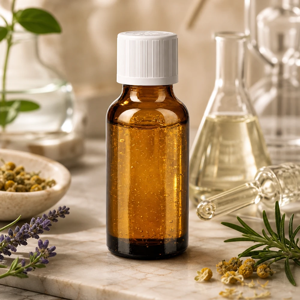 Bottiglia da farmacia marrone da 20ml. SV STD KiSi bianco/11mm ApoGlas Flacone da farmacia da 20 ml in vetro ambrato con protezione UV e tappo di sicurezza bianco a prova di bambino, accanto a rosmarino e fiori di camomilla