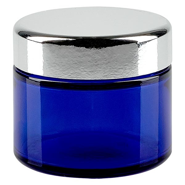 Barattolo di vetro da 50ml blu reale, con coperchio in metallo argentato ApoGla Barattolo di vetro da 50ml blu reale, con coperchio in metallo argentato ApoGla