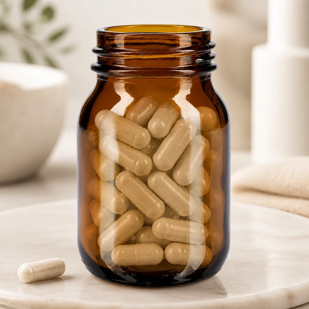 Bottiglia a collo largo da 75 ml in vetro ambrato con finitura del collo DIN 40 Bottiglia compatta da 75 ml in vetro ambrato a collo largo con pratica apertura DIN 40 per integratori alimentari