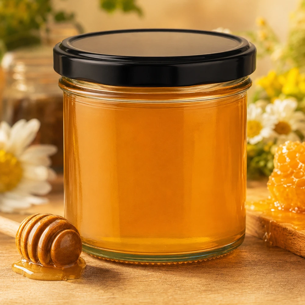 Bicchieri da 125 ml con coperchio BasicSeal nero UNiTWIST. Bicchieri da 125 ml con coperchio nero riempiti di miele dorato cucchiaio di miele a nido d'ape decorazione naturale