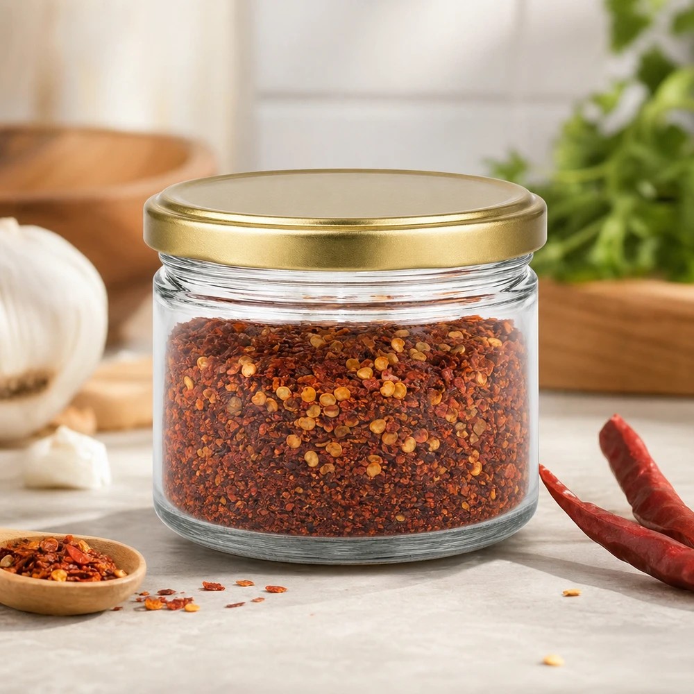Vasetto per miele da 700 g con capsula dorata BasicSeal UNiTWIST Vasetto di miele BasicSeal da 700 g con coperchio dorato, riempito con mix di spezie al peperoncino e peperoncini secchi