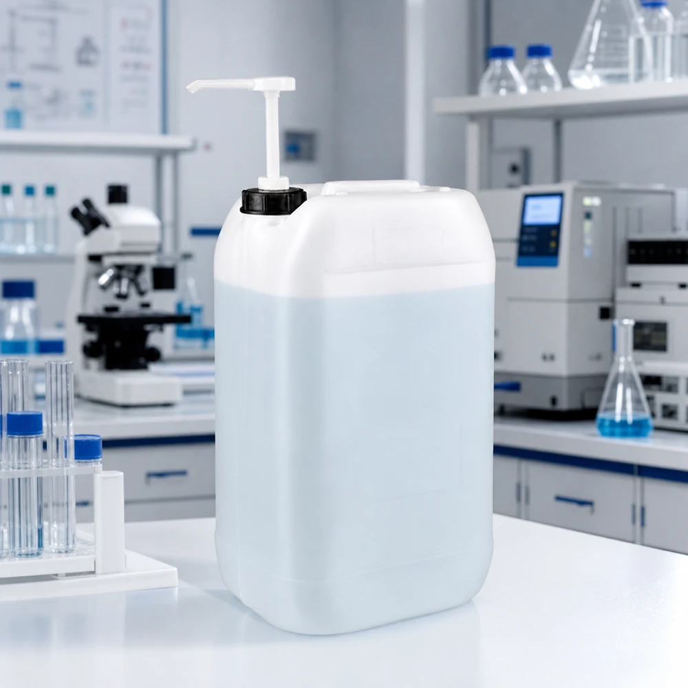 Tanica da 15 litri con pompa dosatrice Tanica in plastica trasparente da 15 litri con tappo a vite nero e pompa dosatrice bianca