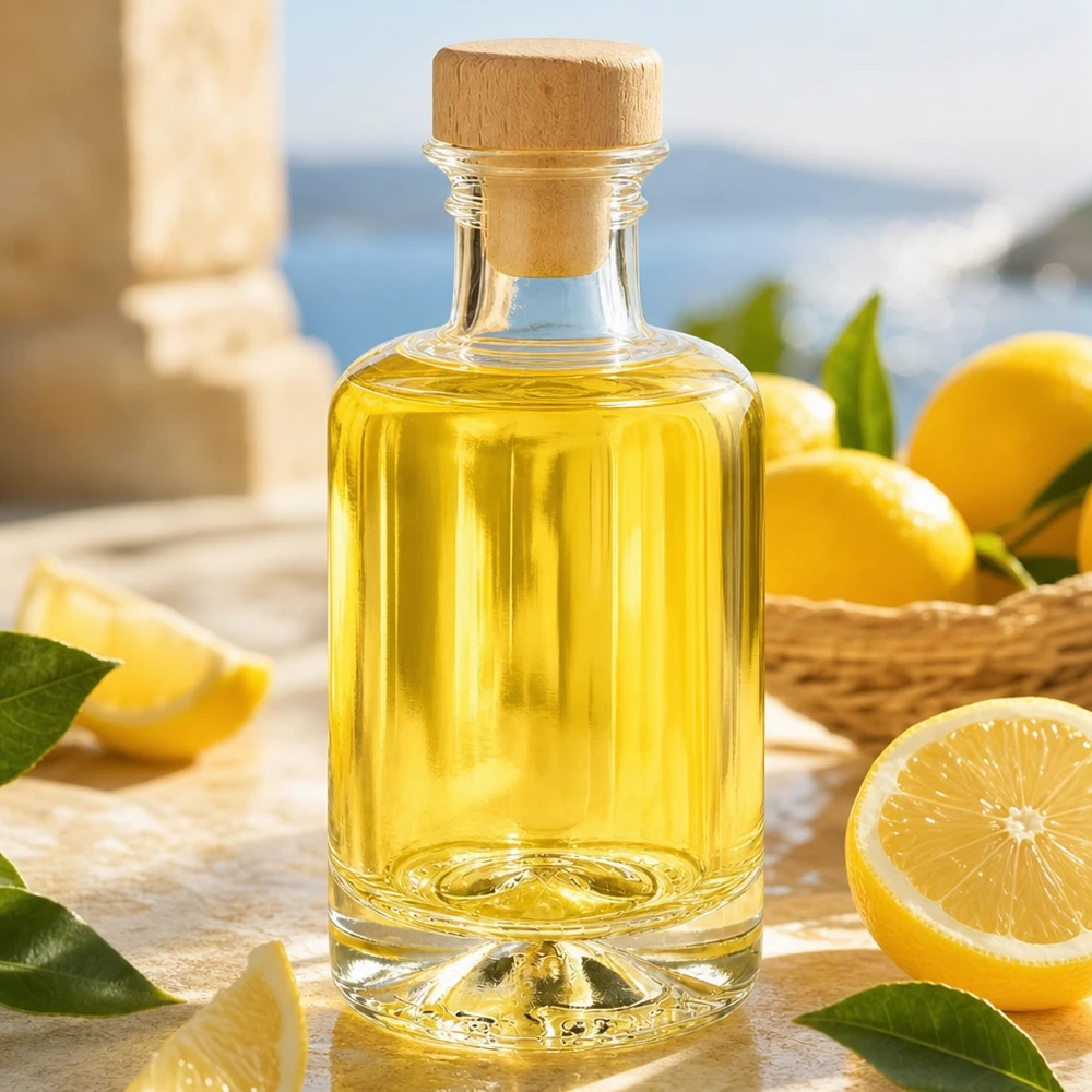 Flacone farmaceutico da 100 ml Sofia con tappo in sughero con impugnatura in legno UNiTWIST® 100ml bottiglia di vetro Sofia con tappo di legno riempito con olio giallo accanto a limoni su tavolo di legno scena di stile di vita