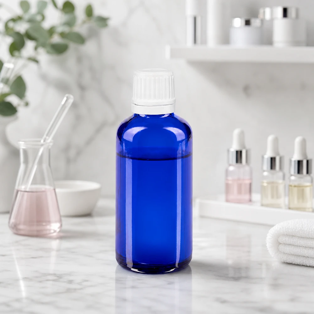 Flacone di vetro blu da 50 ml con tappo di sicurezza per bambini bianco su sfondo di marmo chiaro