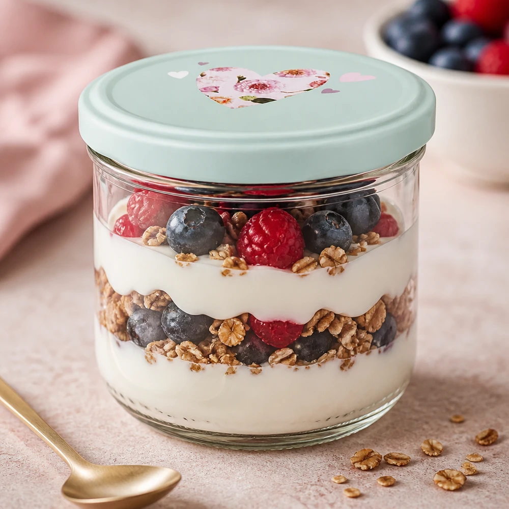 260ml tumbler + BasicSeal coperchio cuore menta UNiTWIST 260ml Sturzglas mit Joghurt-Beeren-Parfait befüllt, BasicSeal Deckel mint mit Herz, Dessertglas für Schichtdesserts