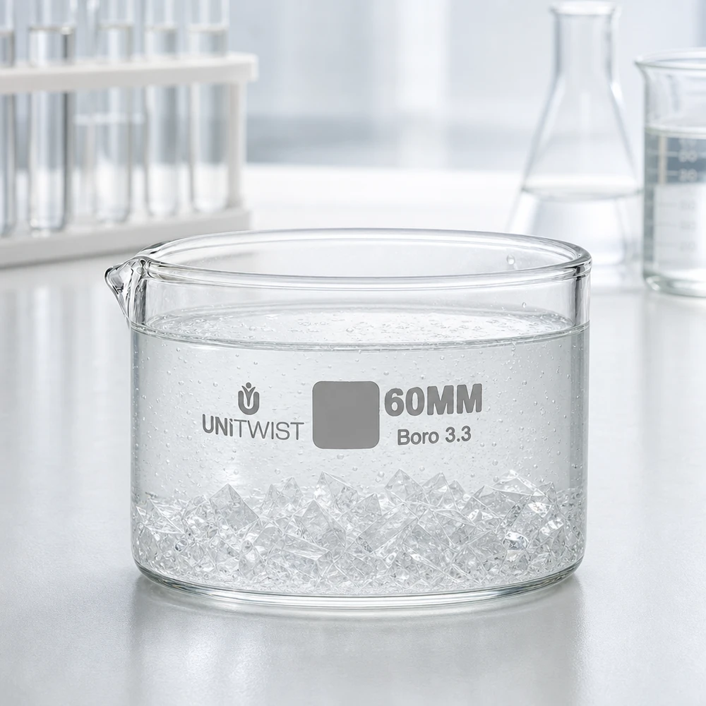 Piatto per cristallizzazione ø60mm in vetro borosilicato UNiTWIST Ciotola piatta di vetro del diametro di 60 mm con cubetti di ghiaccio e bolle d'acqua in laboratorio