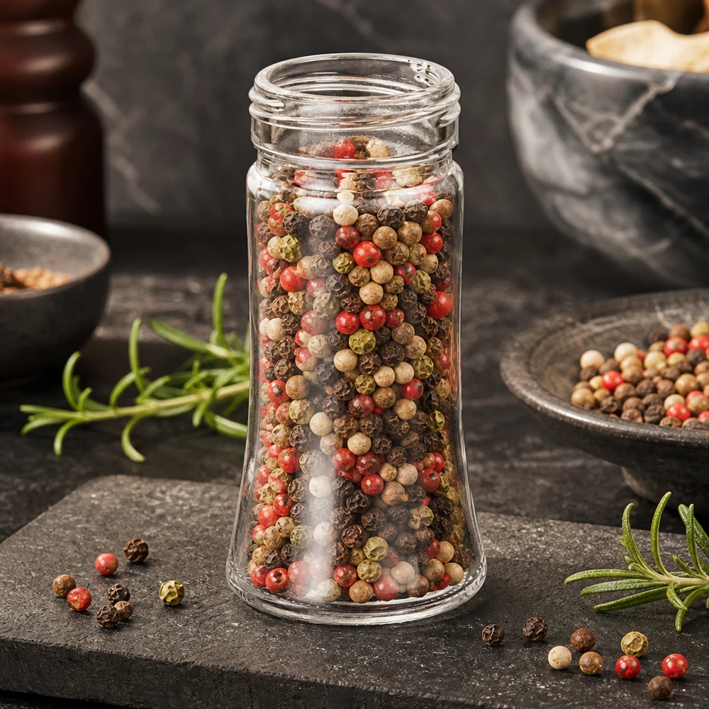 Barattolo per sale/spezie Bobby 95ml, filo 41mm vetro trasparente Assortimento di grani di pepe colorati nel barattolo per spezie Bobby da 95 ml con filettatura a vite da 41 mm, in vetro trasparente