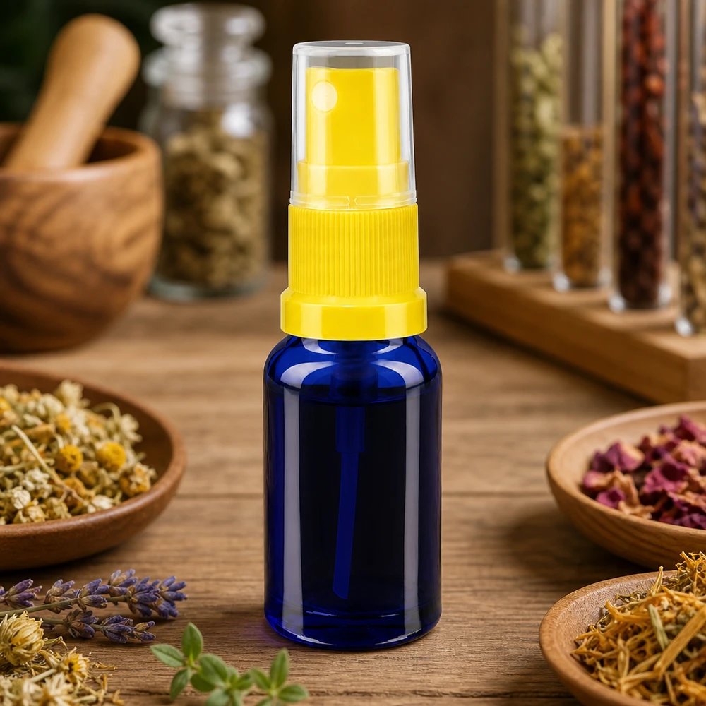 Fialetta da farmacia blu da 10 ml con erogatore a spruzzo giallo circondata da erbe medicinali essiccate