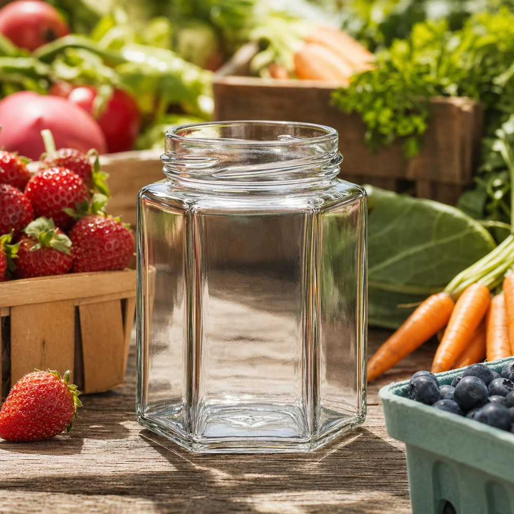 UNiTWIST Hexa196 - Vaso a 6 angoli capacità 196ml TO58 UNiTWIST Hexa196 vaso per conserve a 6 lati 196ml TO5 vuoto su tavolo di legno con frutta e verdura fresca sullo sfondo