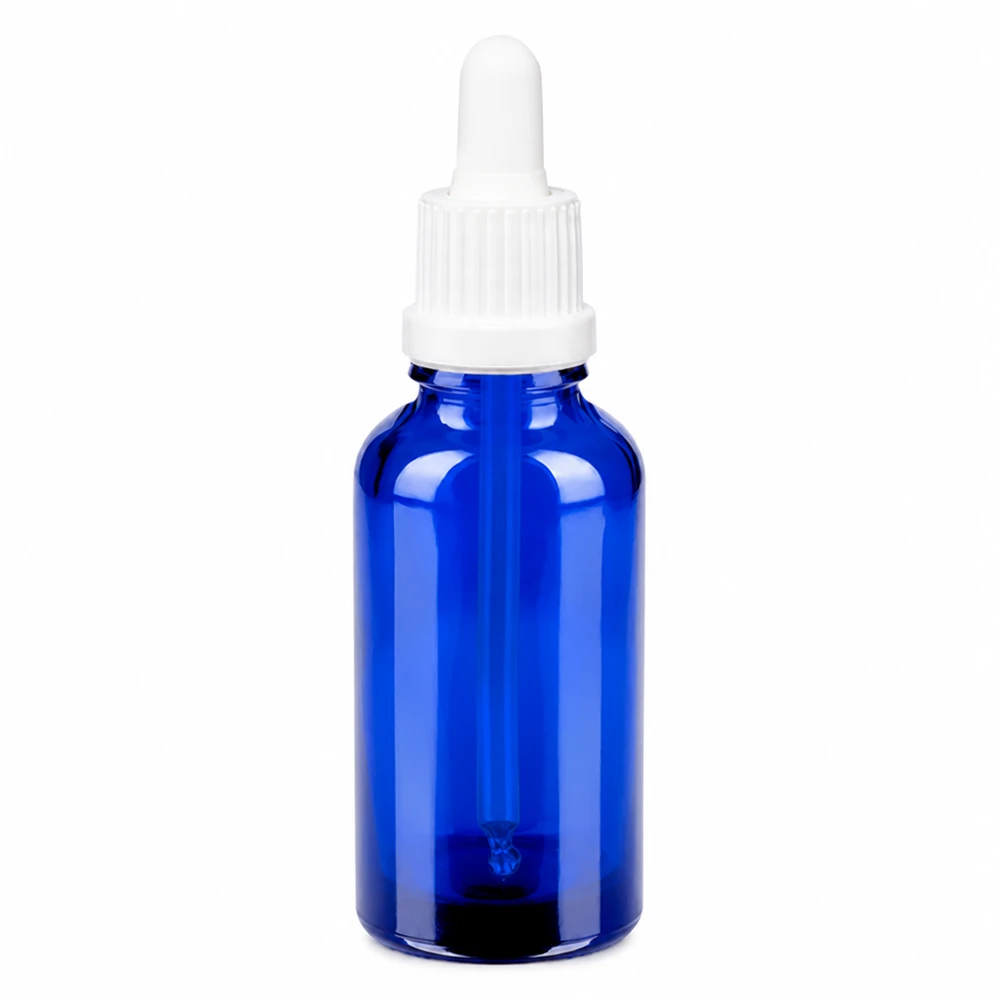 Flacone per pipette da 30 ml bianco OV BlueLine UT18/30 Bottiglia in vetro blu da 30 ml con tappo bianco per pipetta Serie BlueLine per liquidi