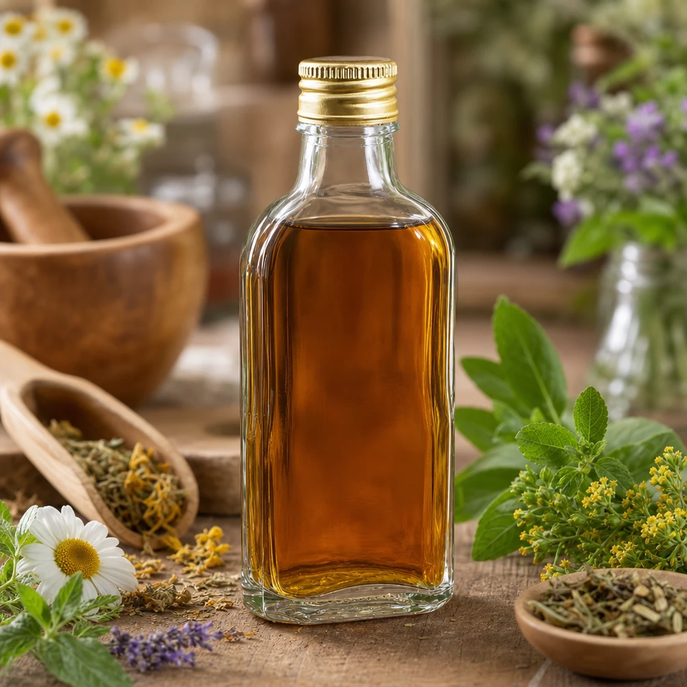 100 ml Meplat trasparente con tappo in alluminio oro PP22 Bottiglia di vetro piatta da 100 ml, modello Meplat trasparente, con tappo PP22 dorato, tra erbe medicinali fresche