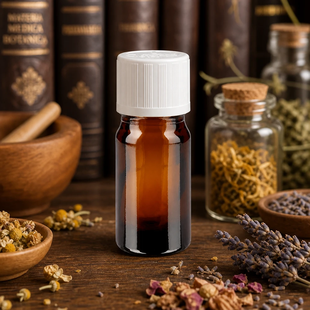 Bottiglia da farmacia marrone da 5ml. SV STD KiSi bianco/11 mm ApoGlas Fialetta di vetro marrone da 5 ml con tappo di sicurezza per bambini bianco, tra erbe medicinali essiccate