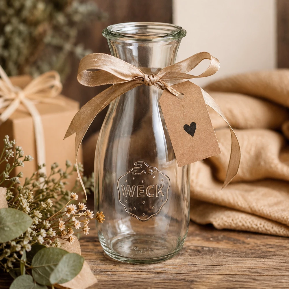 Bottiglia per succhi da 530 ml WECK RR60 Bottiglia di vetro WECK 530ml RR60 decorata con fiocco marrone e etichetta regalo su tavolo di legno con fiori