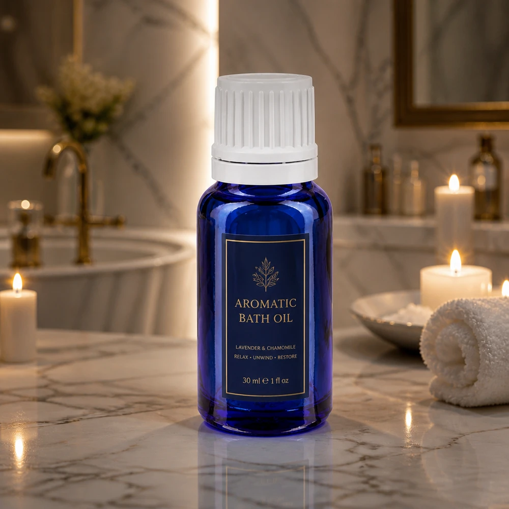 10ml blu Apofl. SV OV bianco/11mm ApoGlas Fialetta di vetro blu da 10 ml con tappo a vite bianco, disposta davanti a delle candele e alla vasca da bagno