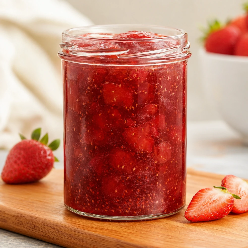 UNiTWIST Sturz435 - Bicchieri capacità 435ml TO82 UNiTWIST Sturz435 vaso da 435 ml riempito di marmellata di fragole fatta in casa TO82 filo su tagliere