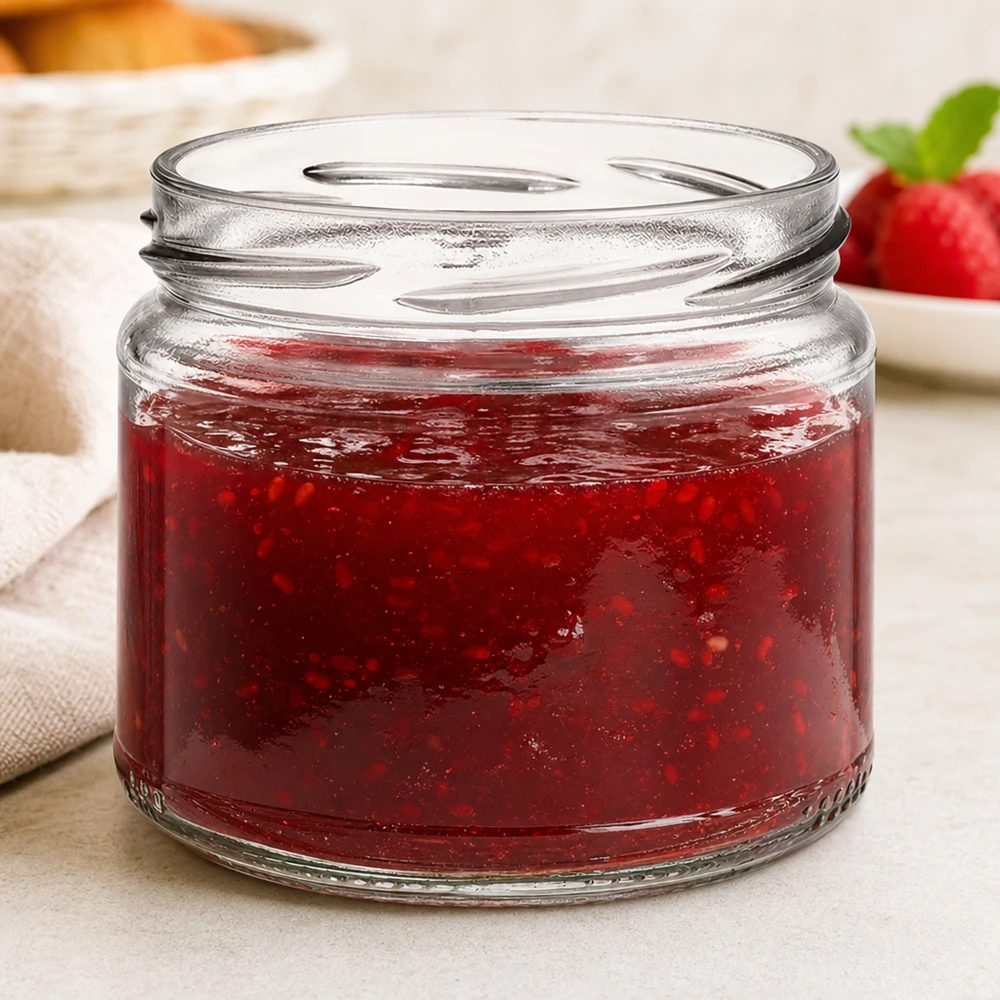UNiTWIST Runda330 - Barattolo rotondo capacità 330ml TO82 UNiTWIST Runda330 barattolo rotondo pieno di marmellata rossa Marmellata di fragole sullo sfondo Tavolo della colazione