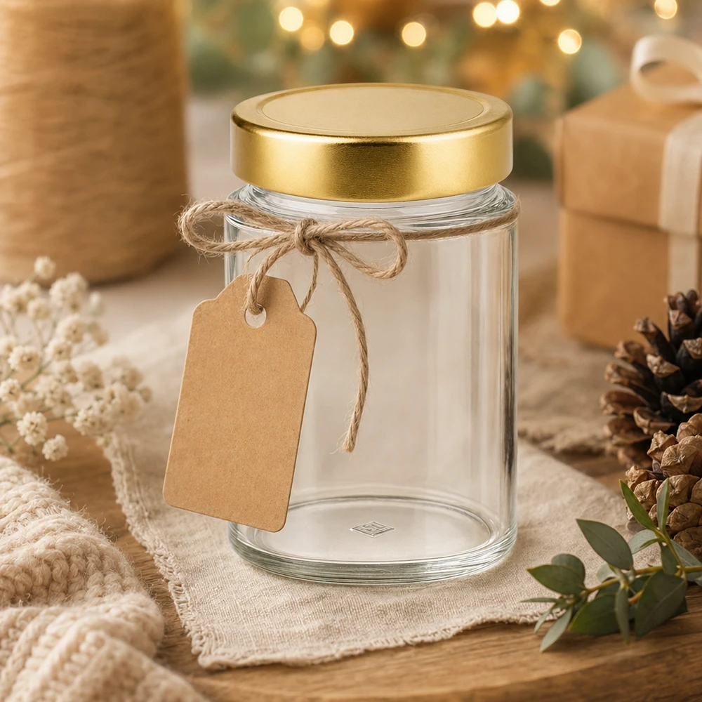 Barattolo rotondo da 202 ml con coperchio BasicSeal oro profondo UN.. Vaso rotondo da 202 ml con coperchio dorato come confezione regalo - vaso decorativo con etichetta per regali fai da te
