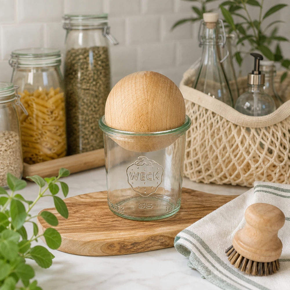Bicchieri WECK 140ml RR60 con sfera in legno di faggio in cucina sostenibile, circondati da barattoli di stoccaggio e mate naturale