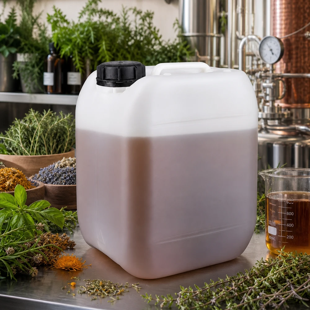Tanica di plastica bianca da 5 litri con erbe aromatiche e un alambicco sullo sfondo