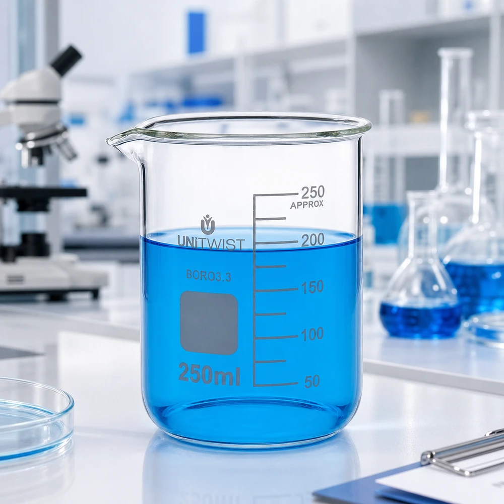 Bicchiere da laboratorio UNiTWIST da 250 ml, forma bassa, in borosilicato 3.3 con liquido blu