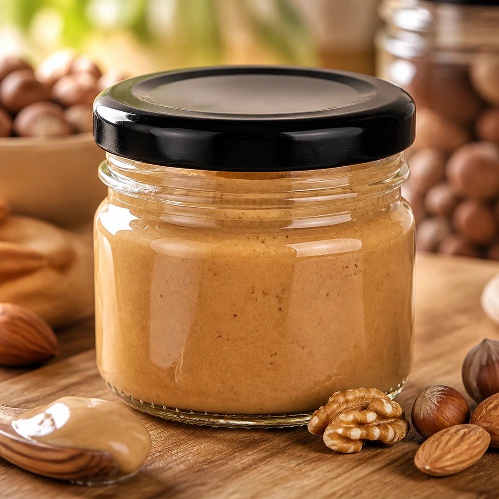 Crema di noci fatta in casa confezionata in vasetti di vetro rotondi da 33 ml con coperchio nero BasicSeal Twist-Off
