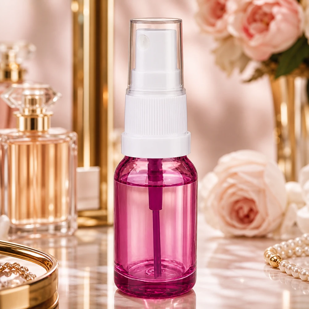 Flacone spray da 10 ml dall'elegante design viola con meccanismo a pompa ergonomico bianco