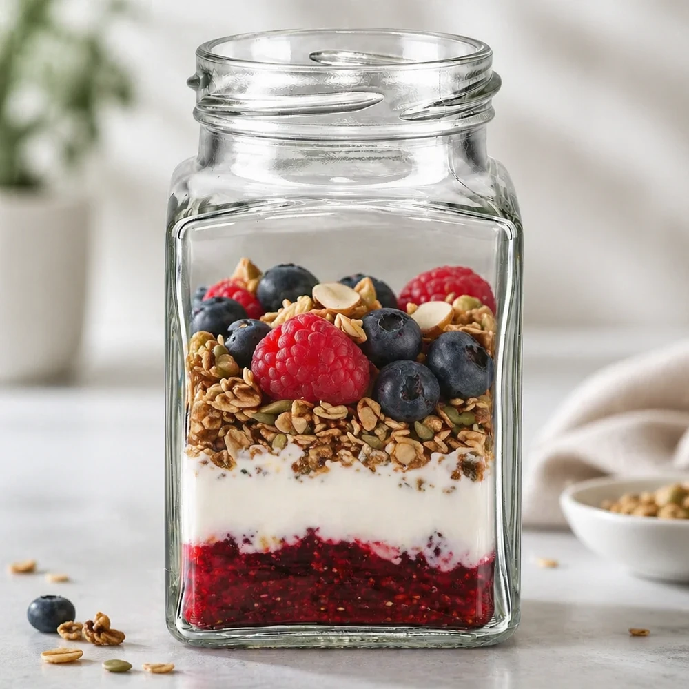UNiTWIST Tetra260 - Barattolo a 4 angoli da 260 ml TO58 UNiTWIST Tetra260 vaso a 4 angoli 260ml TO58 con muesli ai frutti di bosco e yogurt come dessert in barattolo sul bancone della cucina