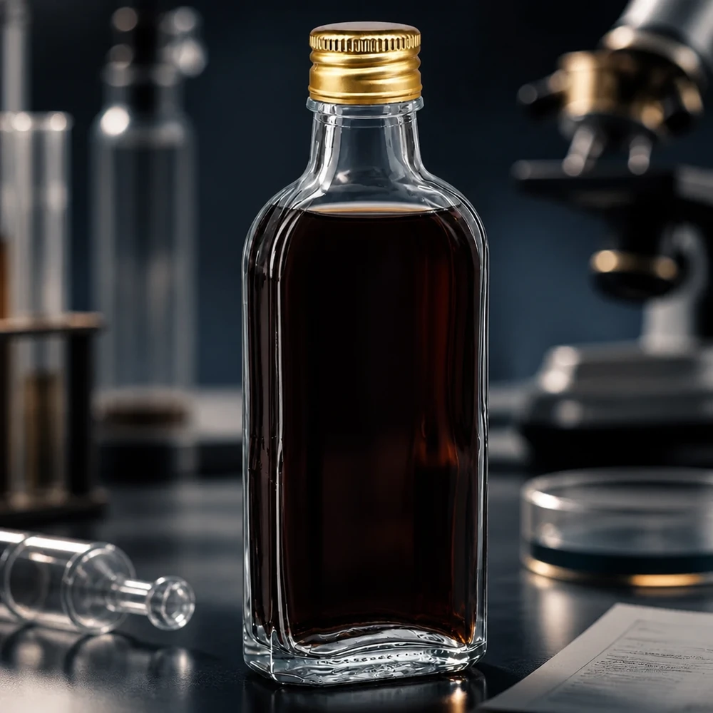 Flacone di vetro Meplat da 100 ml trasparente, riempito, con tappo a vite in alluminio dorato PP22 in un laboratorio scientifico