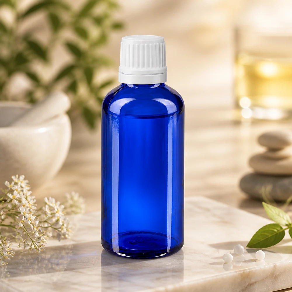 Piccolo flacone da farmacia da 50 ml in vetro blu cobalto con tappo bianco a prova di bambino