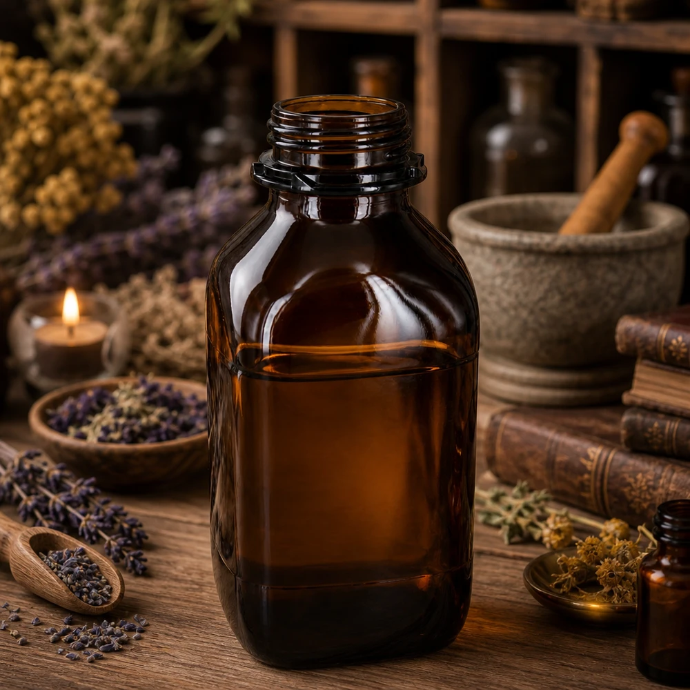 Ampio flacone per prodotti chimici da 1000 ml, in vetro borosilicato ambrato per una conservazione sicura.
