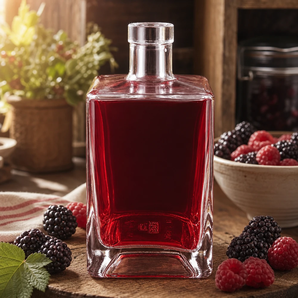 Flacone in vetro da 700 ml Ben senza tappo UNiTWIST® Bottiglia in vetro da 700 ml con ripieno di liquore ai frutti rossi, circondata da more e lamponi su legno rustico.