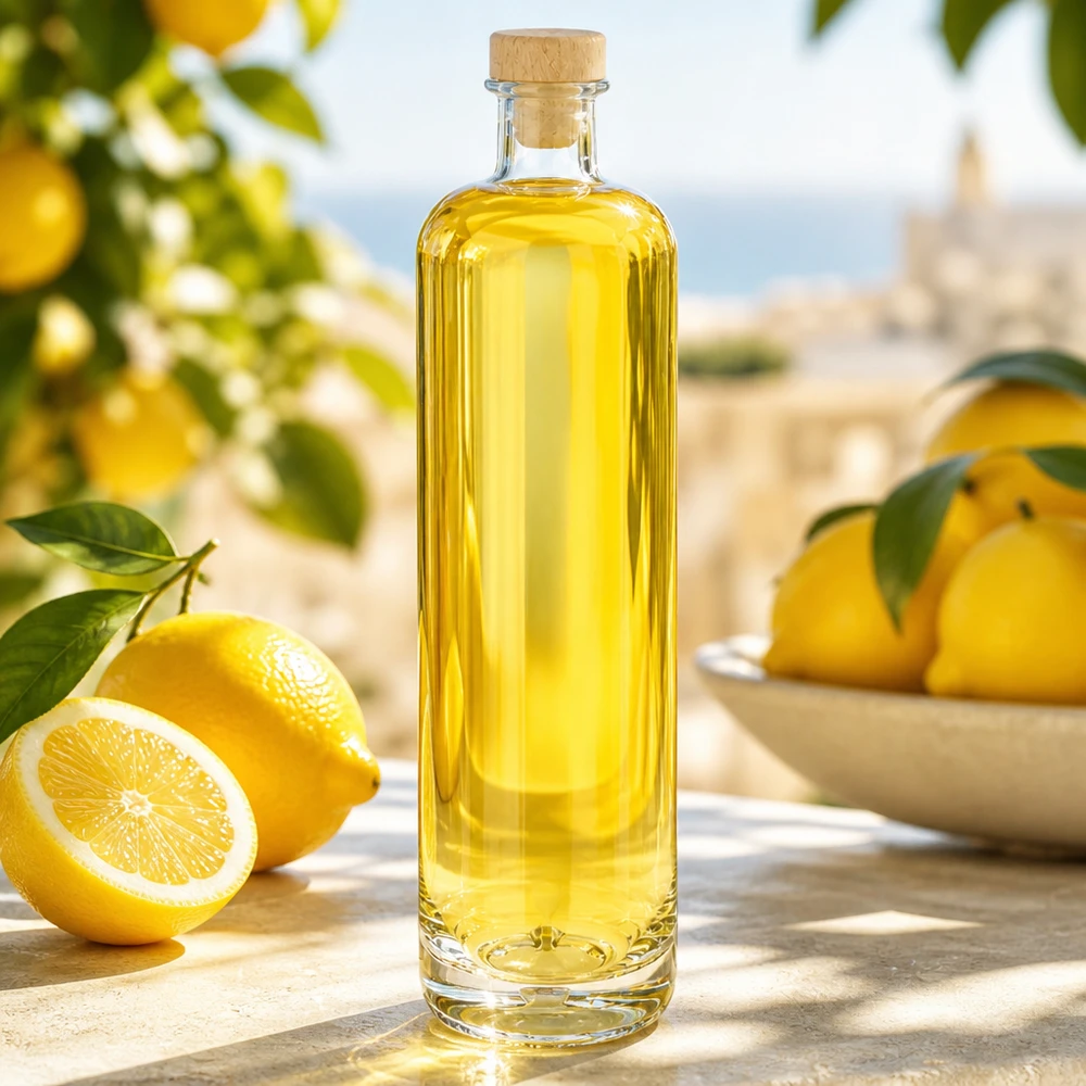 Bottiglia di Ella da 700 ml in vetro con contenuto giallo e tappo in legno in una cornice di limoni mediterranei su un tavolo in legno