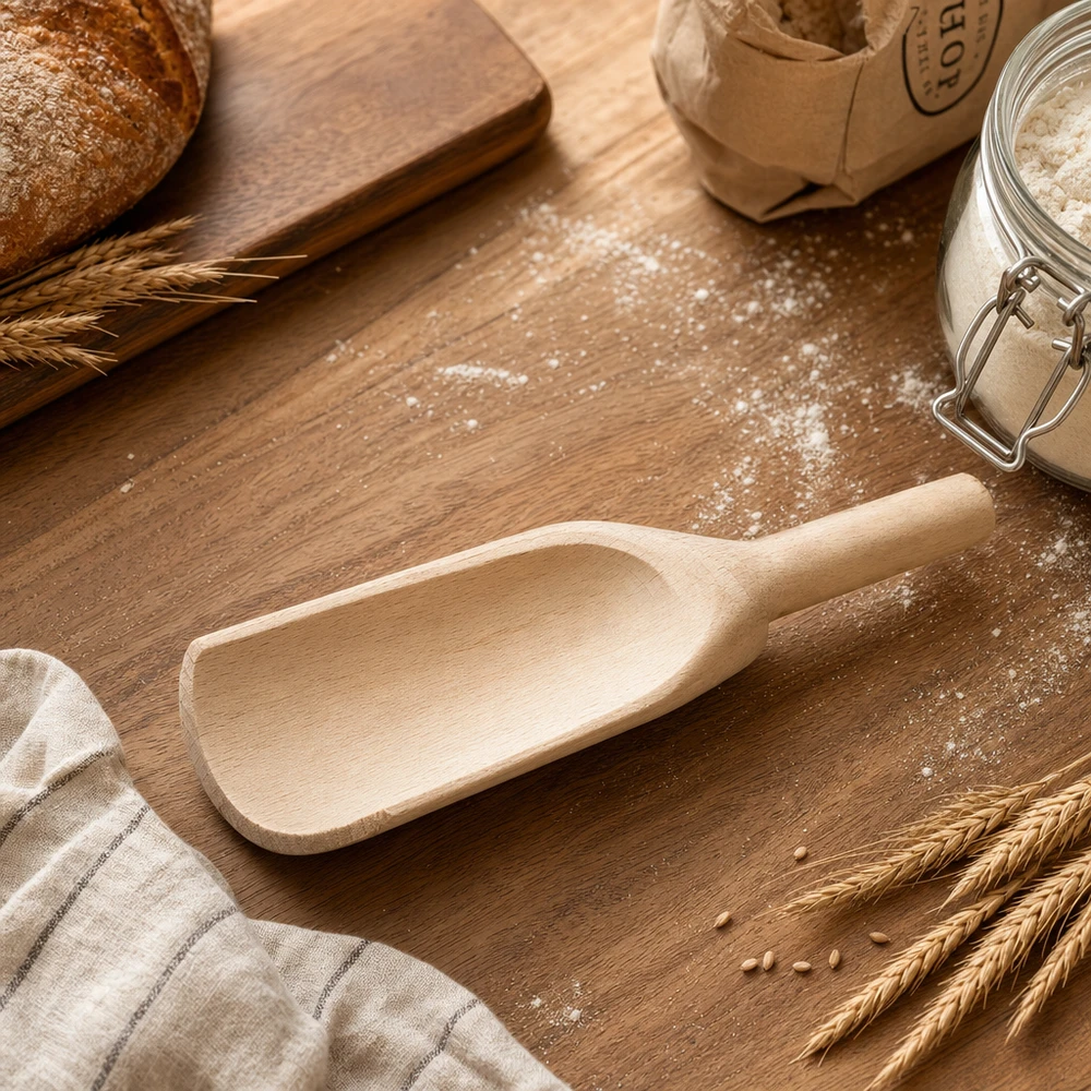 Paletta in legno L 18cm piatta su tavolo in legno con farina, spighe di pane e telo da cucina Accessori da forno in legno naturale